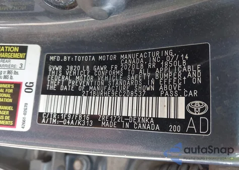 2014 Toyota Corolla Le Plus z USA, uszkodzony, nr VIN 2T1BURHE9EC208537